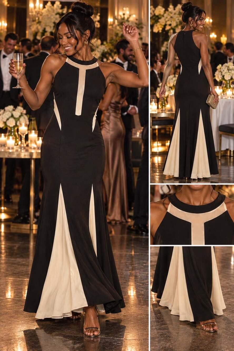 Xscape Illusion Halter Gown Size 8 Black Nude Long Formal Dress